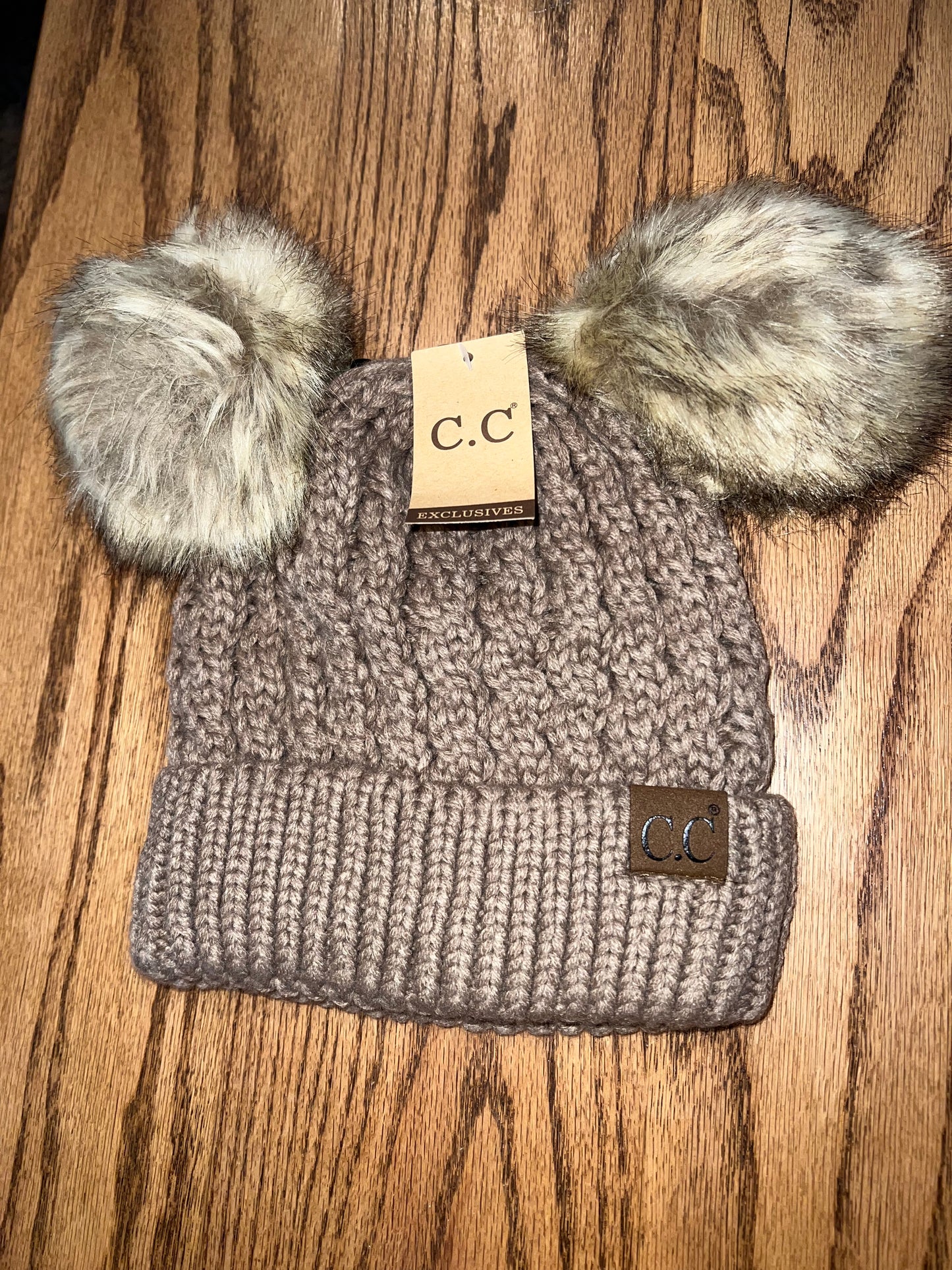 Cable Knit Double Pom CC Beanie