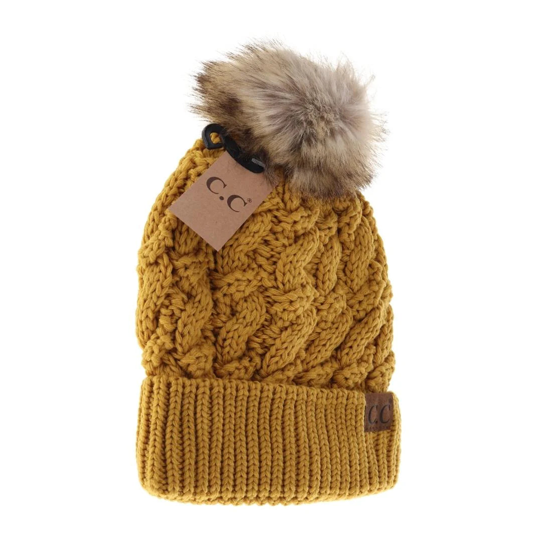 Ribbed Cable Knit Fur Pom Beanie