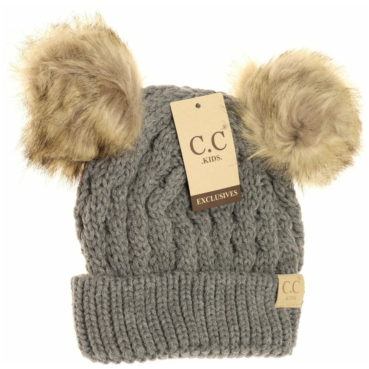 Kids Cable Knit Double Fur Pom Beanie