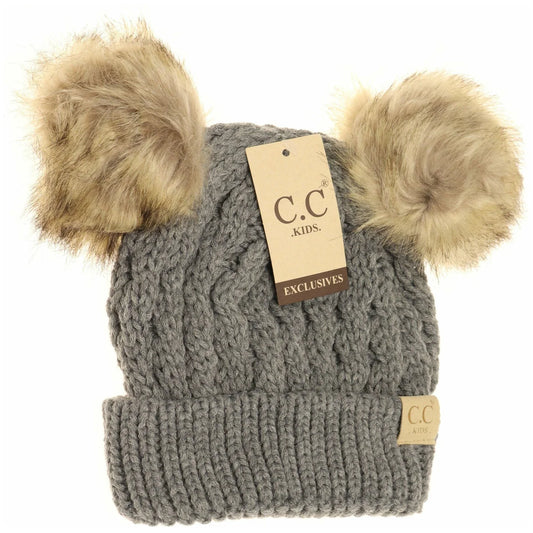 Kids Cable Knit Double Fur Pom Beanie
